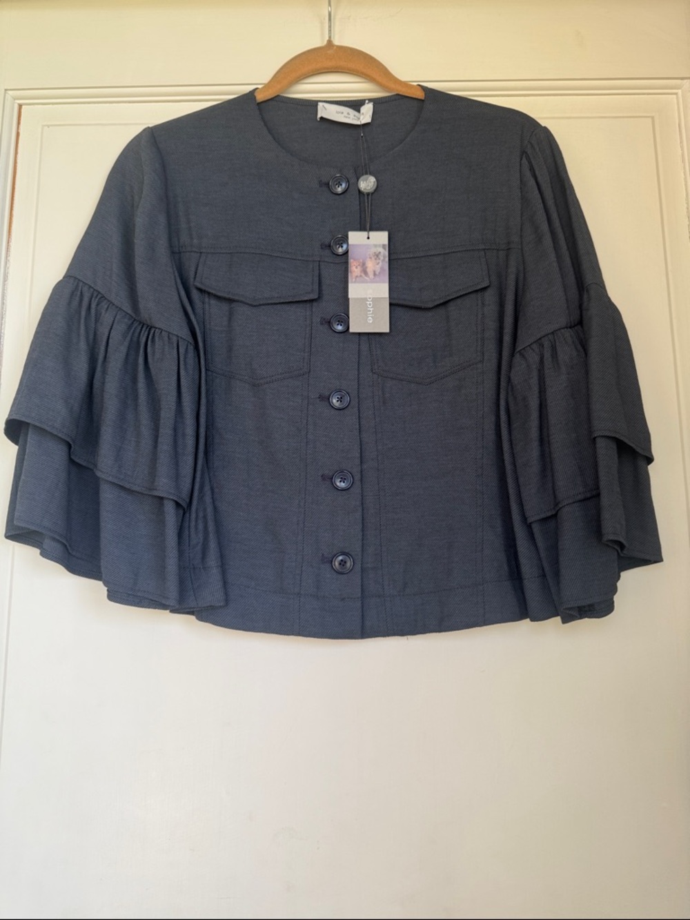 Ruffled Sleeve Button-Front Linen Blend Jacket in Dark Gray/Blue